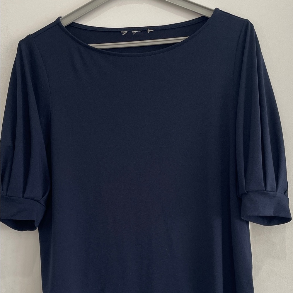 H&M Navy Blue Pleated Elbow Sleeve Work Blouse Stretchy Top L